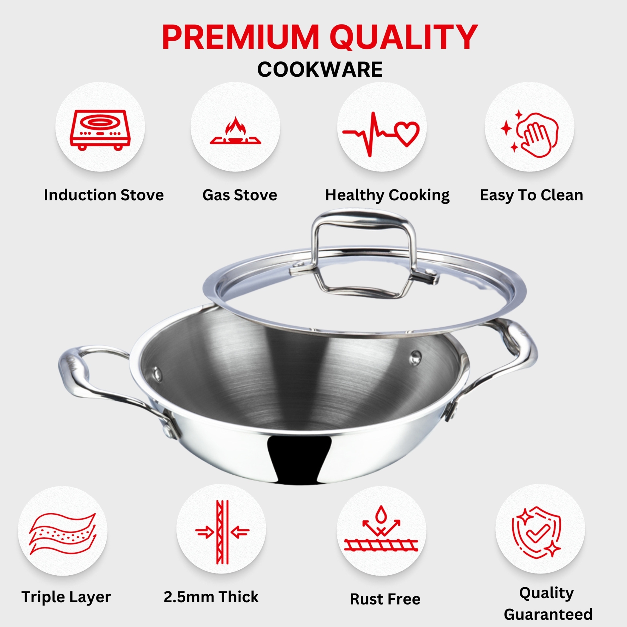 VINOD Platinum Triply Stainless Steel Deep Kadai with Glass Lid - 26cm, 3.7L in Silver