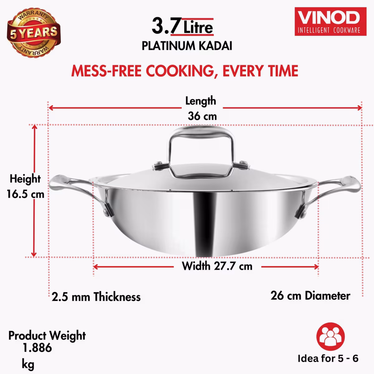 VINOD Platinum Triply Stainless Steel Deep Kadai with Glass Lid - 26cm, 3.7L in Silver