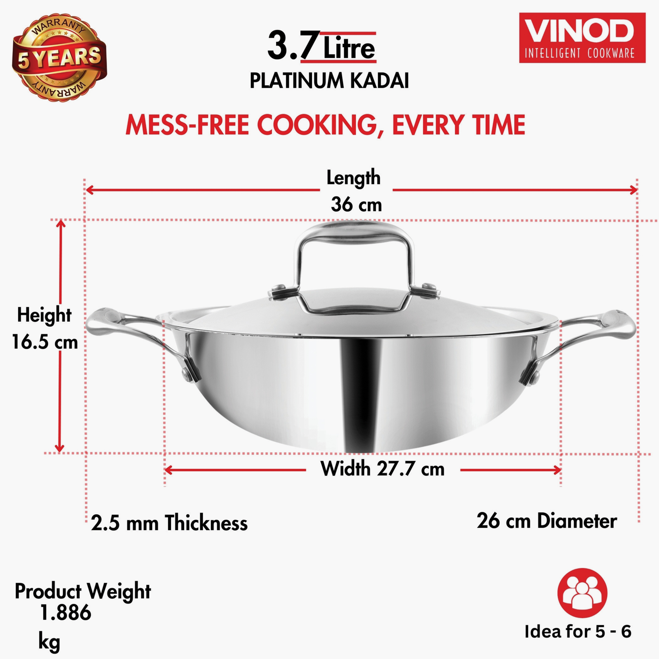 VINOD Platinum Triply Stainless Steel Deep Kadai with Glass Lid - 26cm, 3.7L in Silver