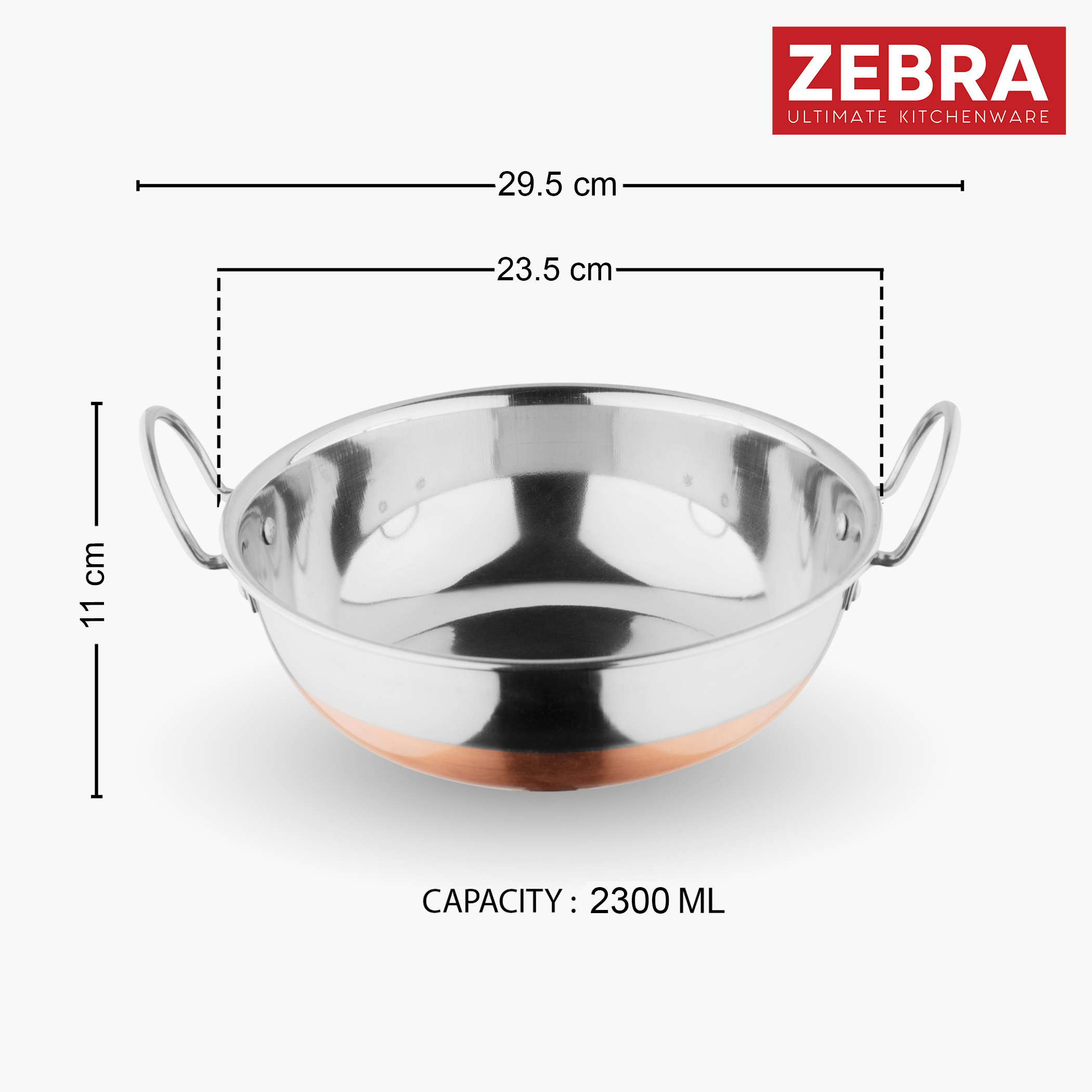 ZEBRA Stainless Steel Copper Bottom Kadai - 2.3L in Silver