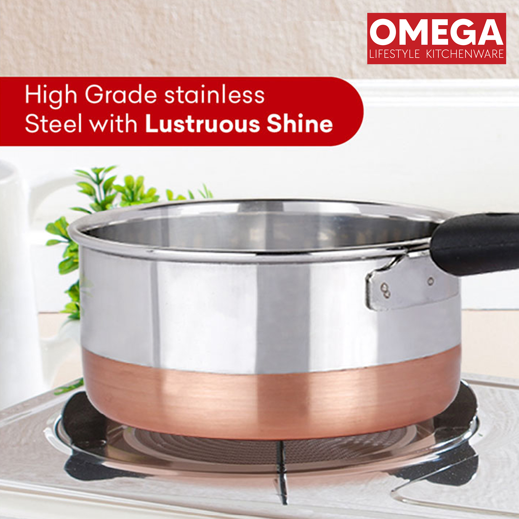 OMEGA Stainless Steel Copper Bottom Saucepan - 2L in Silver