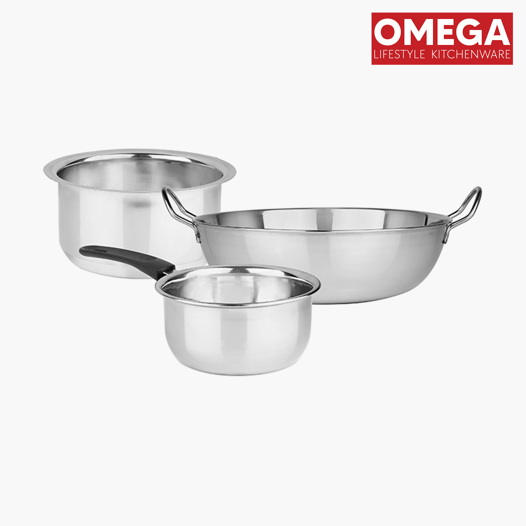 OMEGA 3Pcs Stainless Steel Flat Bottom Cookware Set in Silver