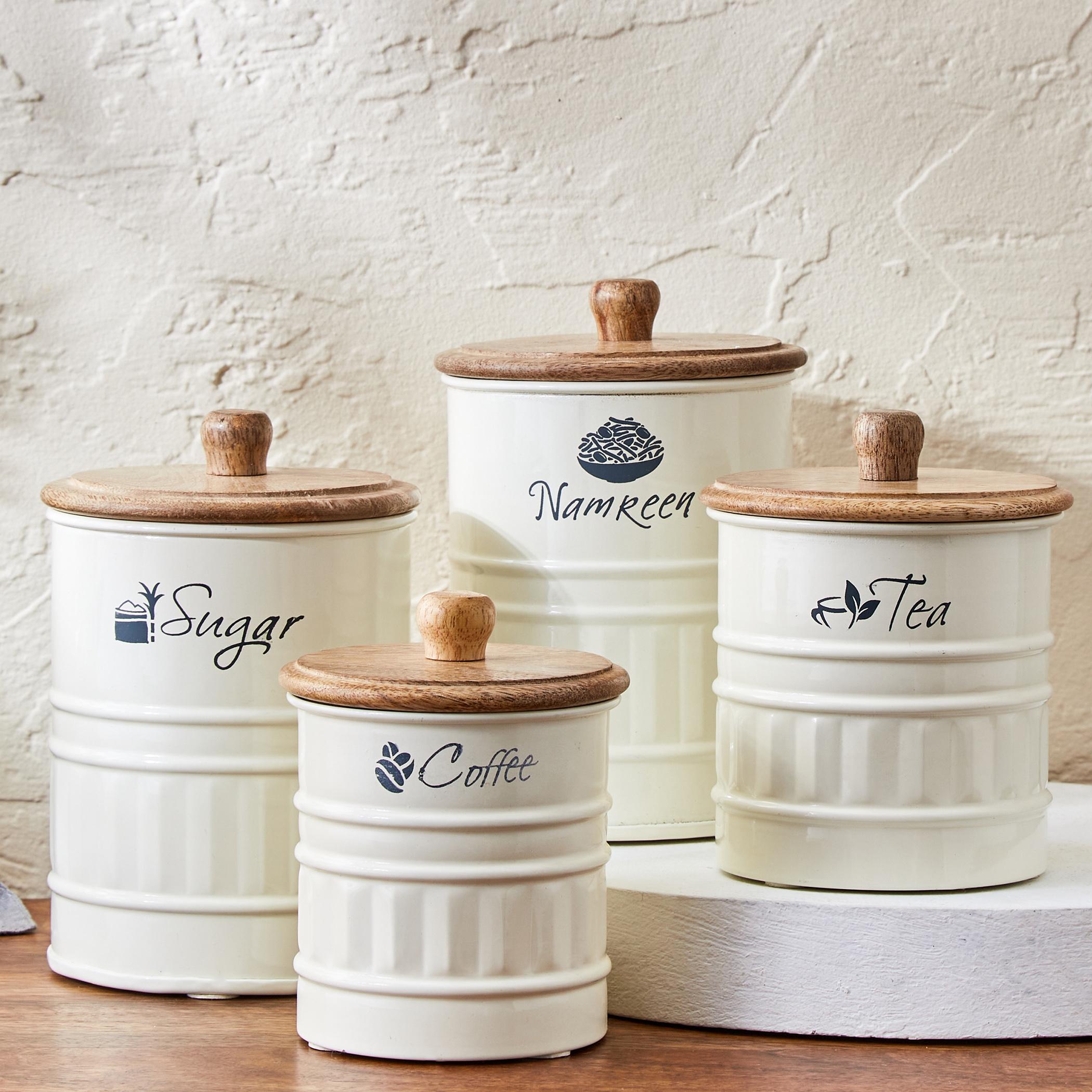 Mirage Iron Namkeen Canister with Mango Wood Lid in Cream