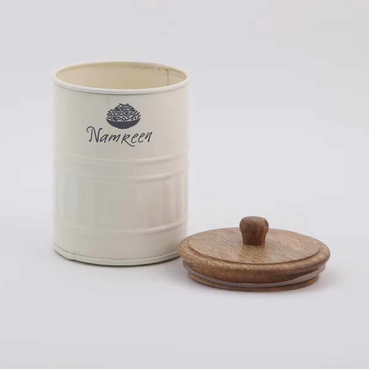 Mirage Iron Namkeen Canister with Mango Wood Lid in Cream