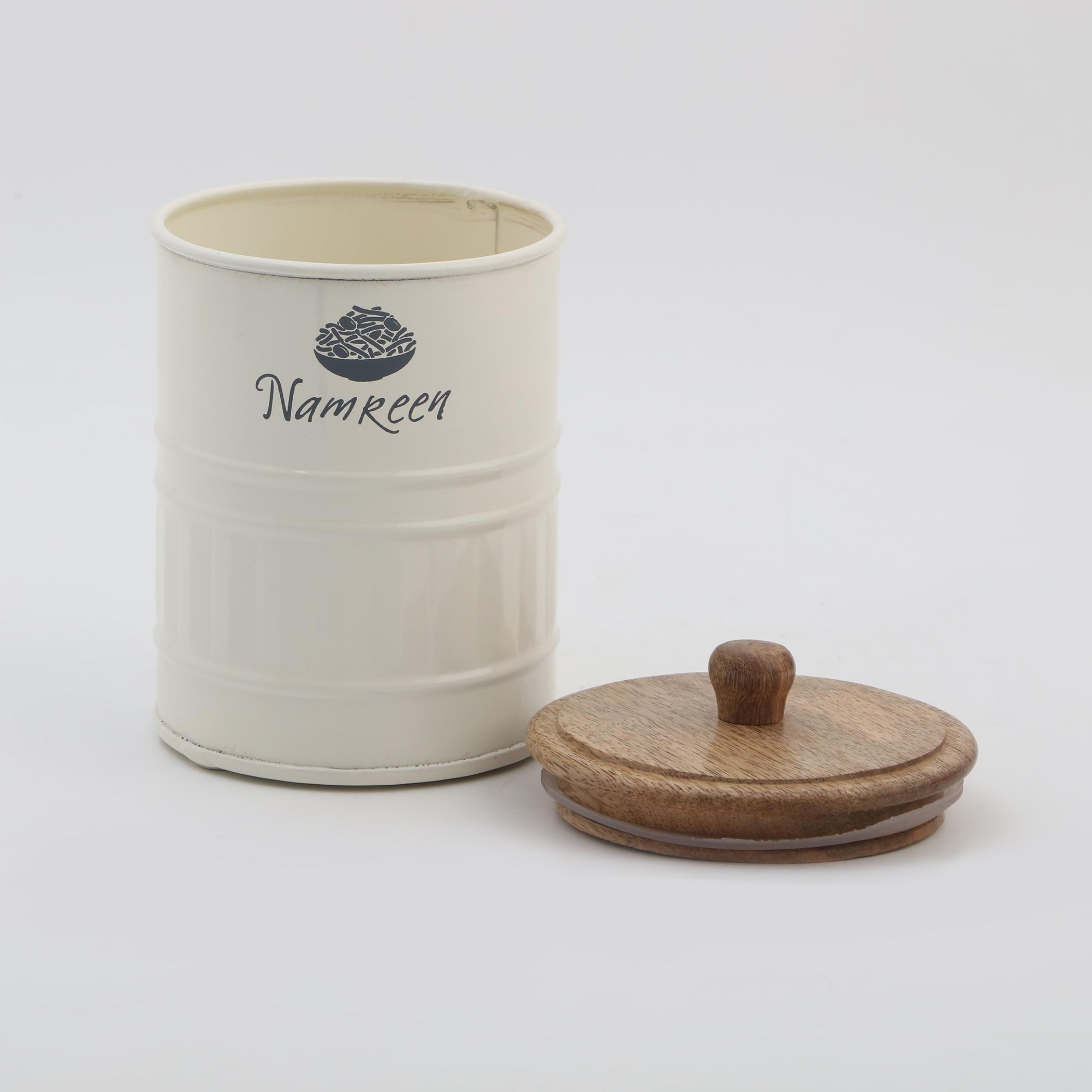Mirage Iron Namkeen Canister with Mango Wood Lid in Cream