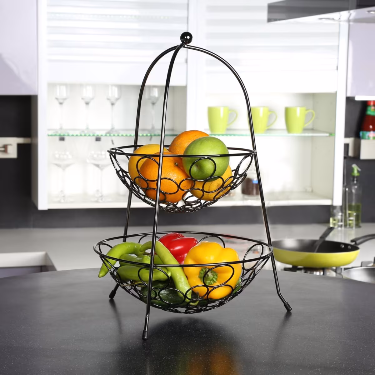 Gravel Solid Fruit Bowl & Basket  - Steel -  Fruit Basket - 31.5 cm x 31.5 cm x 42.6 cm - Black in Black