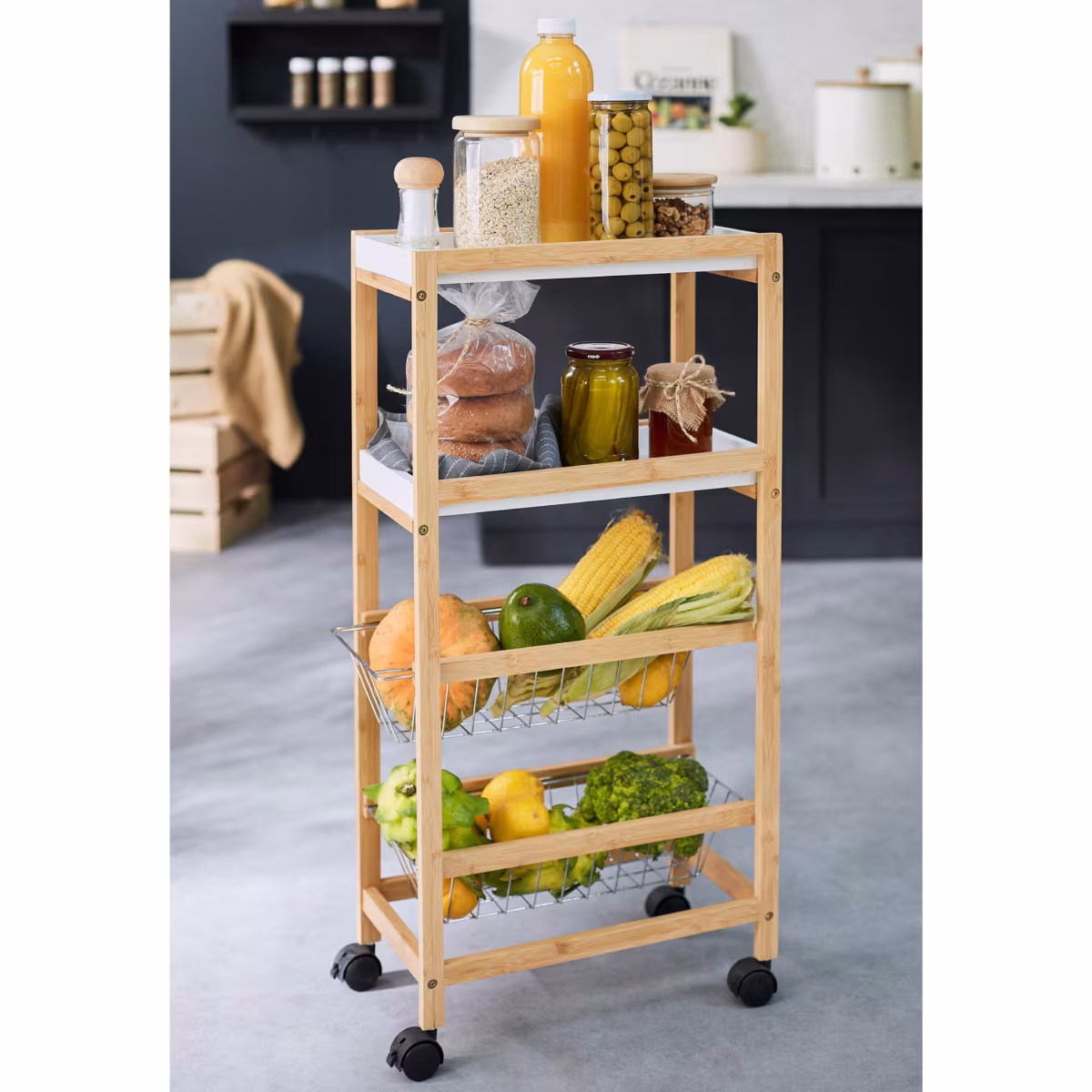 Tranzit Wooden 4-Tier Kitchen Trolley in Brown