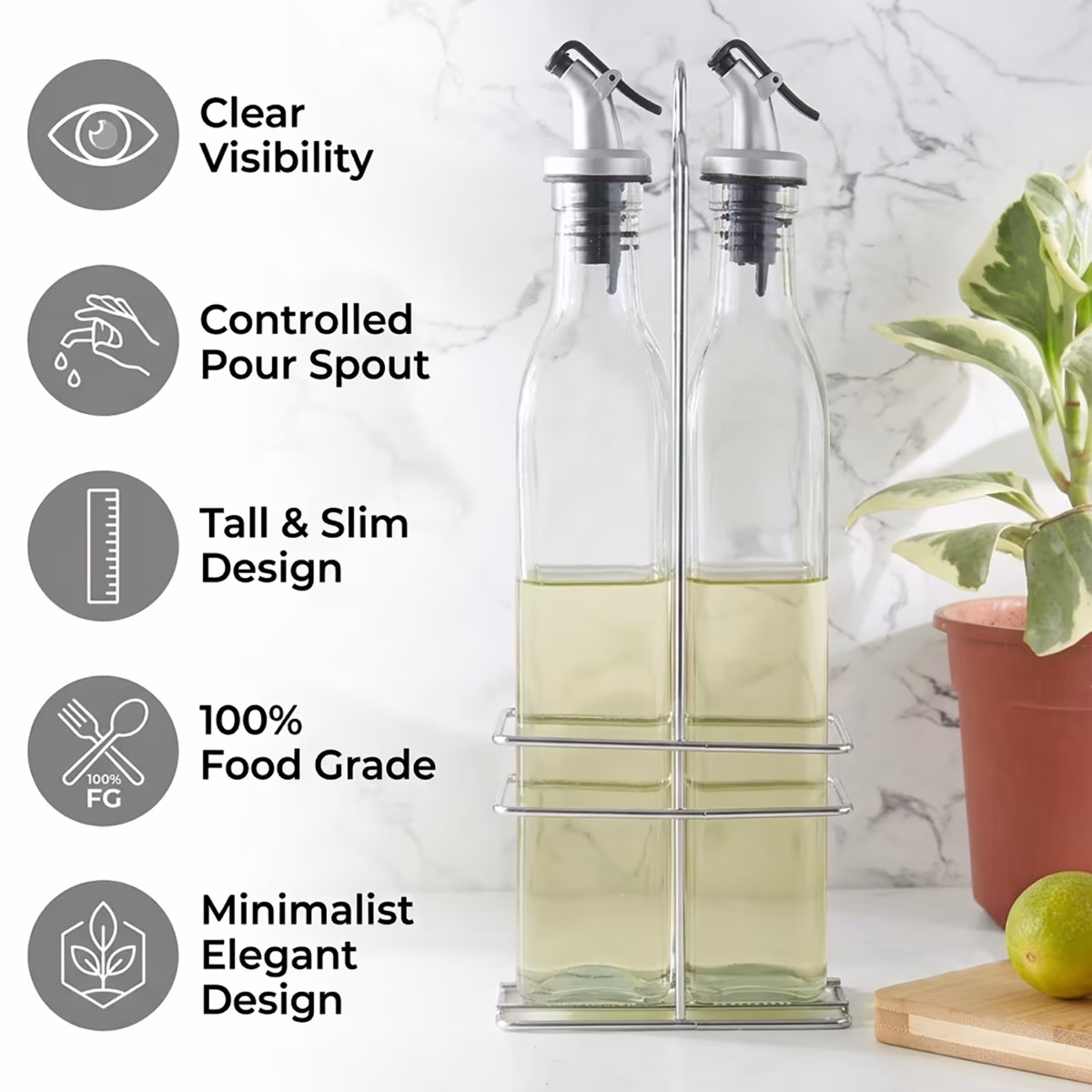 Pacific Blithe Set of 2 Glass Oil Bottles with Stand - 500ml in Transparent