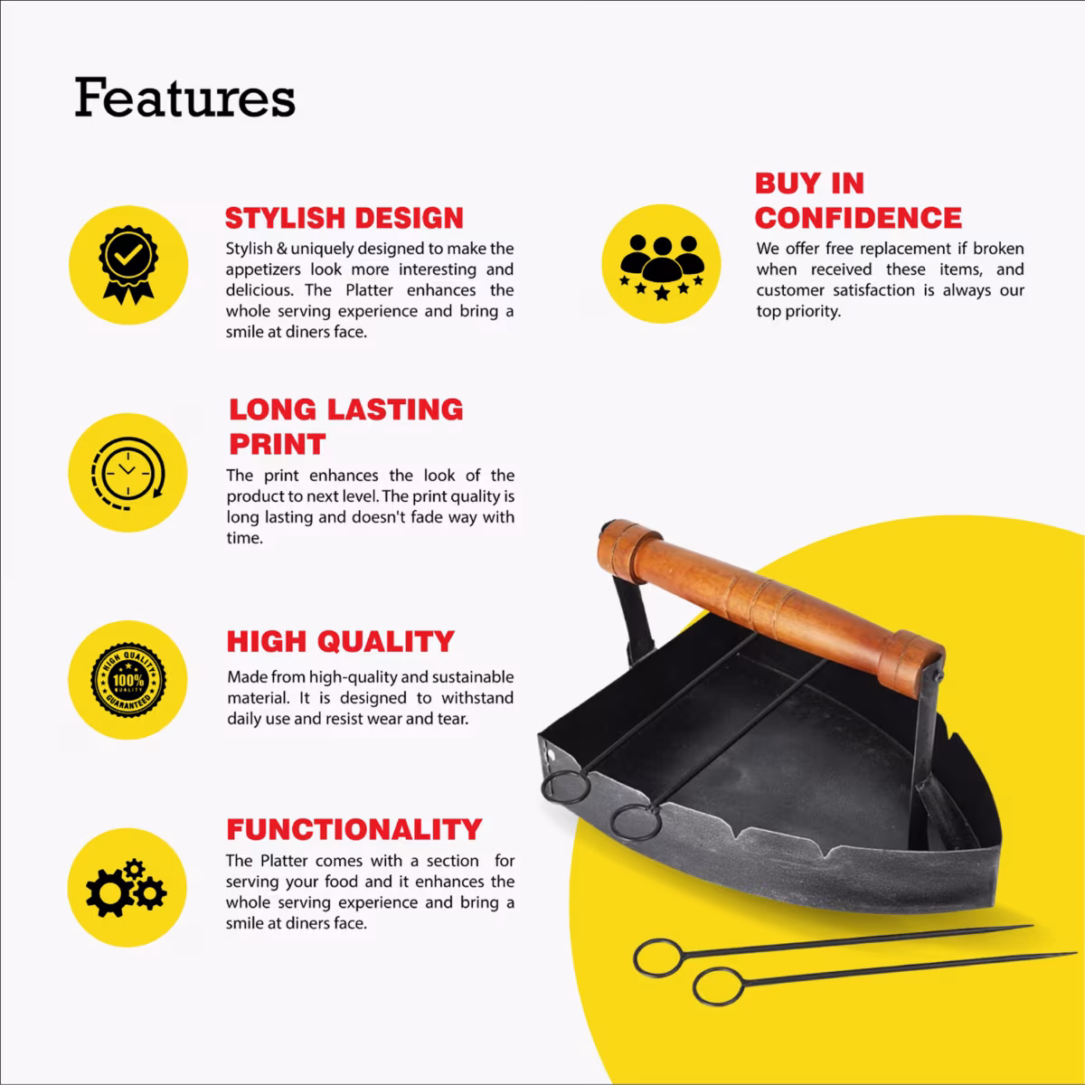EK DO DHAI Metal BBQ Serving Platter with Skewers in Black
