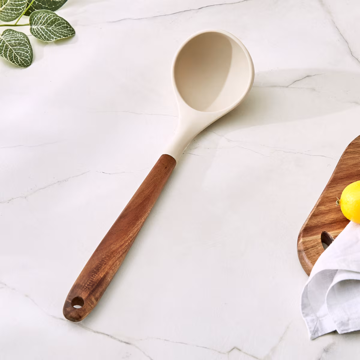 Chefs Pride Zeta Silicone Ladle with Wooden Handle in Cream